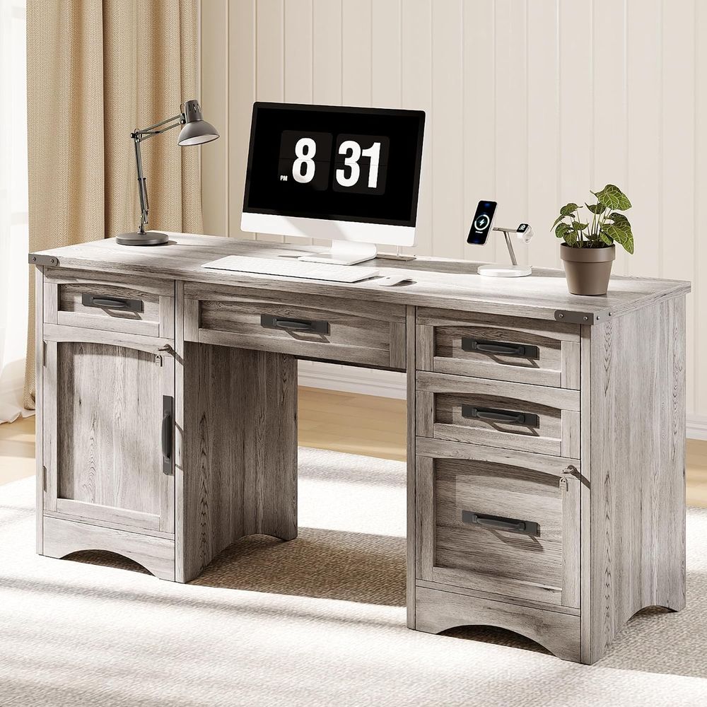 Woodworking Or Woodworking - 55 モダンなオフィスデスク、引き出し、充電ステーション、ロック可能なファイルキャビネット付き、家庭用または職場用のグレーウッドコンピューターデスク
