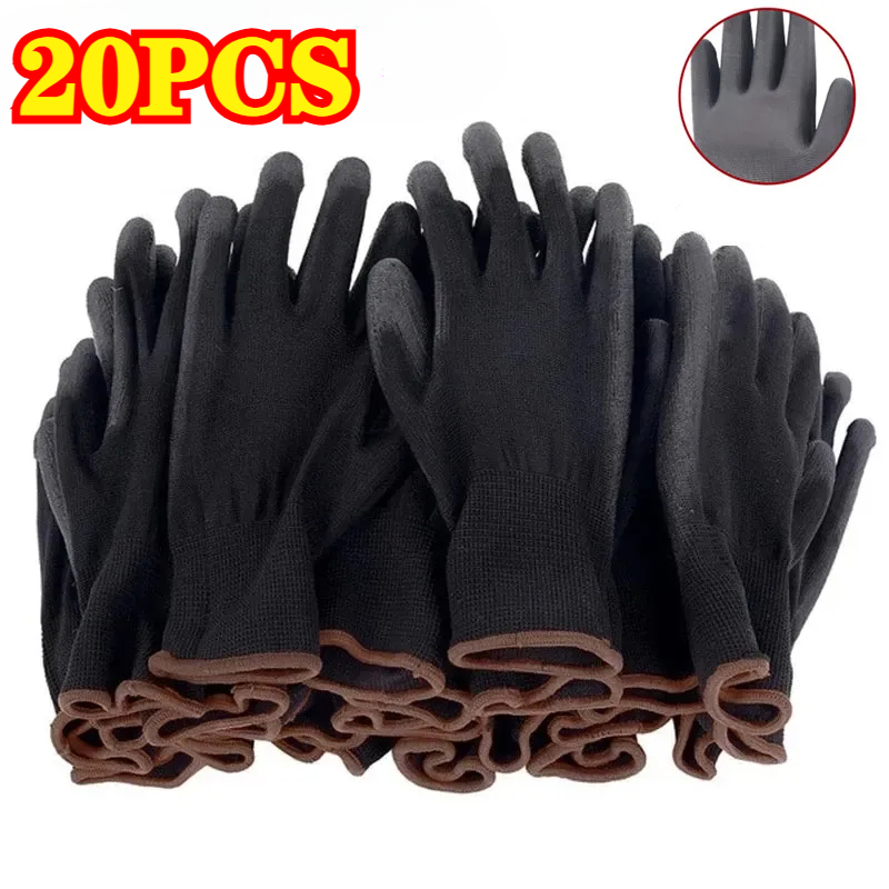 Woodworking Gloves - 20 個黒 PU コーティングされた手袋ナイロンポリウレタン手袋ノンスリップ耐久性通気性木工屋外作業自動車修理