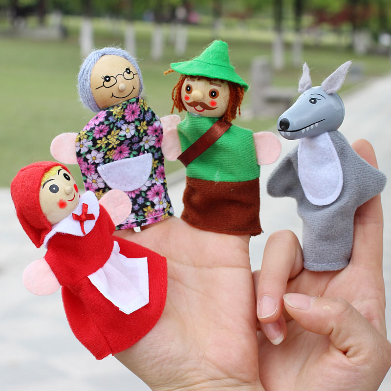 Woodworking Kids Toys - 4 ピース/ロット子供の指人形人形ぬいぐるみ赤ずきんちゃん木製頭おとぎ話ストーリーテリングハンドパペット