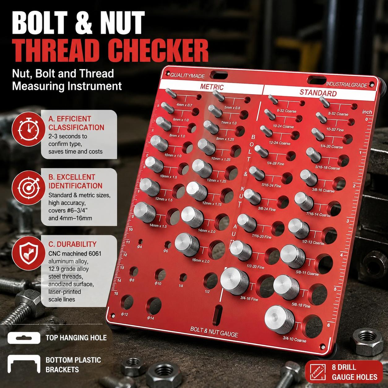 Woodworking Tool Stores - ナットとボルトのねじ径ゲージセット（標準およびメートルねじ用）19種類の標準サイズ、15種類のメートルサイズ、インチ雄ねじ・雌ねじ識別用測定ゲージツール、ガレージ、作業場、ホームセンター、ハードウェア、ファスナー用
