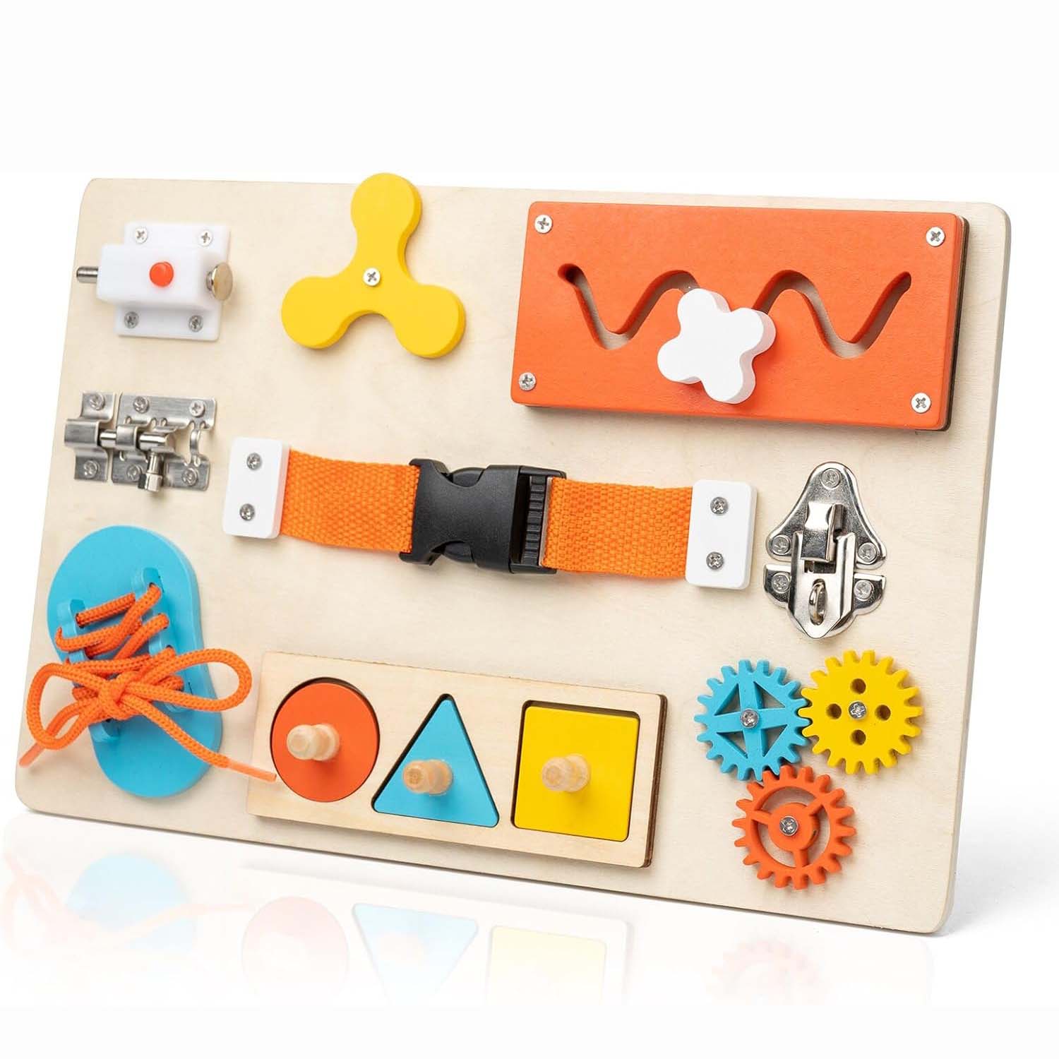 Woodworking Kids Toys - モンテッソーリ ビジーボード 幼児用 木製アクティビティ感覚ボード 微細運動能力向上 旅行用