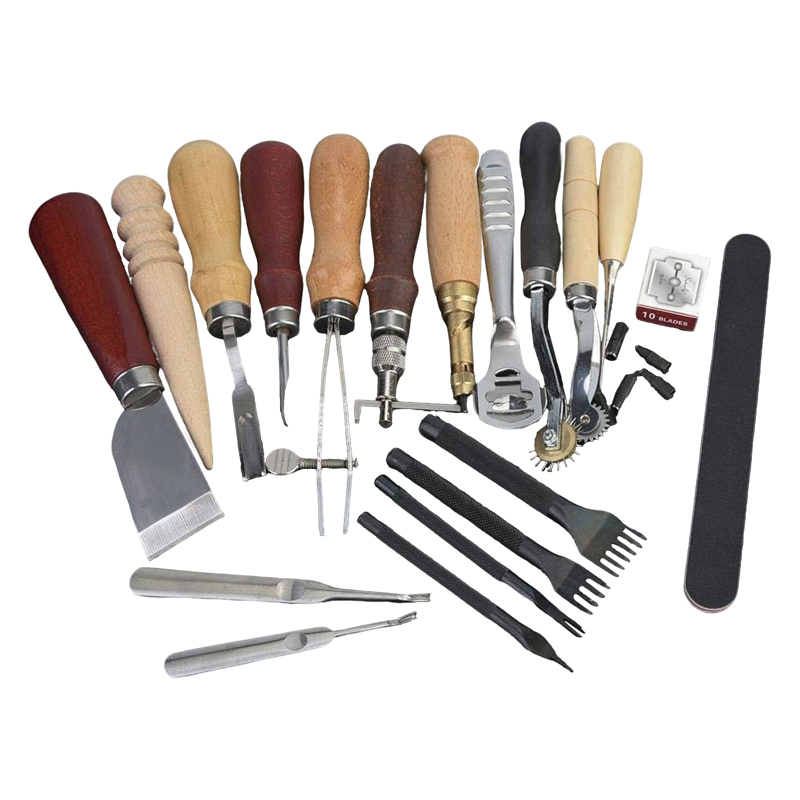 Woodworking Tool Stores - 革工具セット、19点入り革工芸キット、縫製・打ち抜き・切断用、ステンレス鋼刃と木製ハンドル付き、エッジトリマー・溝切り・穴あけパンチ、初心者からプロの革細工セット