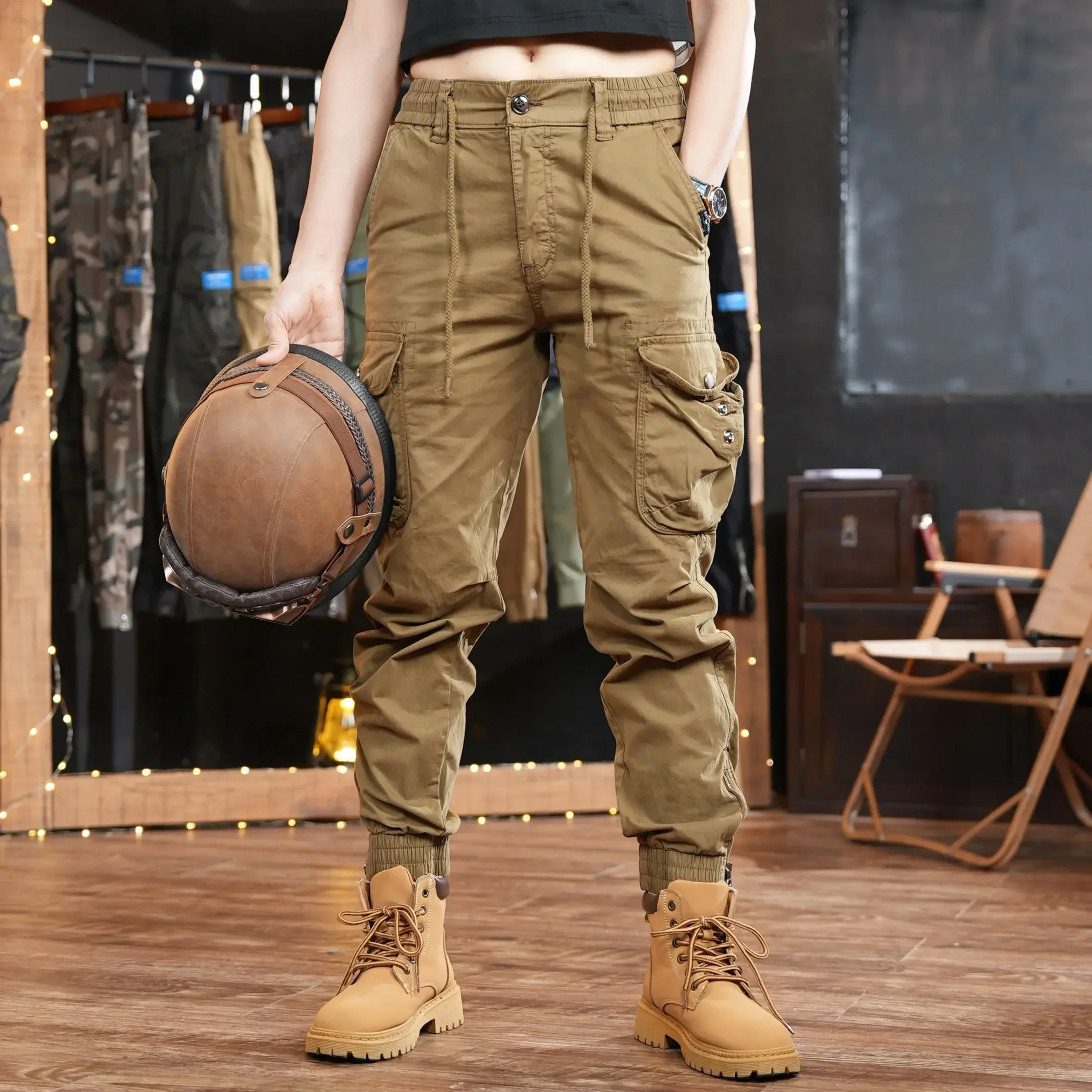 Woodworking Brand - メンズマルチポケットアウトドアカーゴパンツ、khakiハイキングスリムパンツ、特大ストリートウェア、カジュアルスラックス、スラックスファッション、y2k
