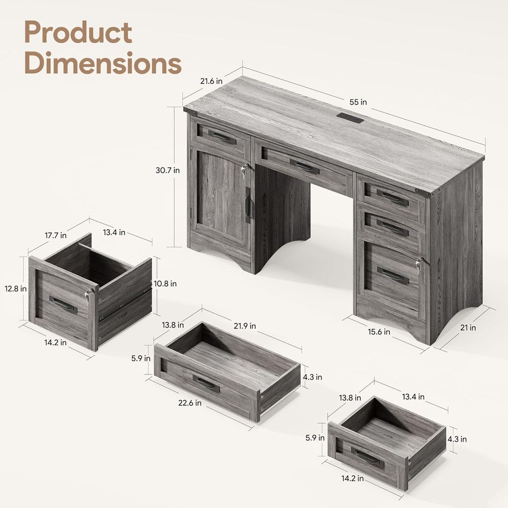 55 モダンなオフィスデスク、引き出し、充電ステーション、ロ - Woodworking Or Woodworking のレビューと価格