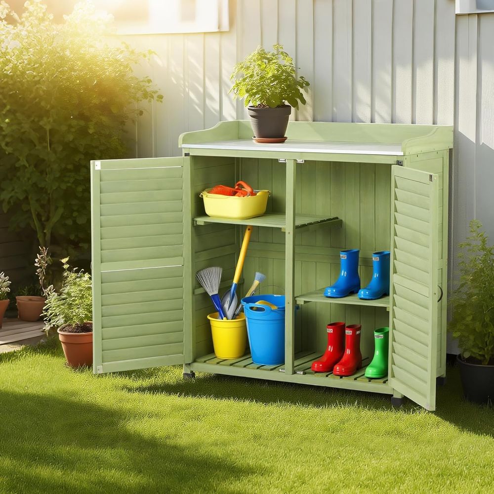 金属製の作業台付き屋外植木鉢置き台、防水ガーデン収納キャビネ - Woodworking Or Woodworking のレビューと価格